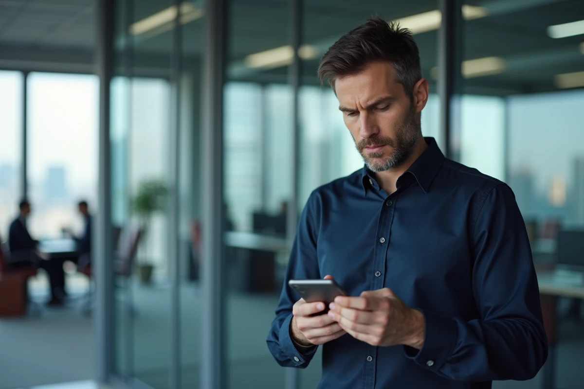 Homme vérifiant le statut d'un SMS bloqué sur son téléphone dans un bureau moderne