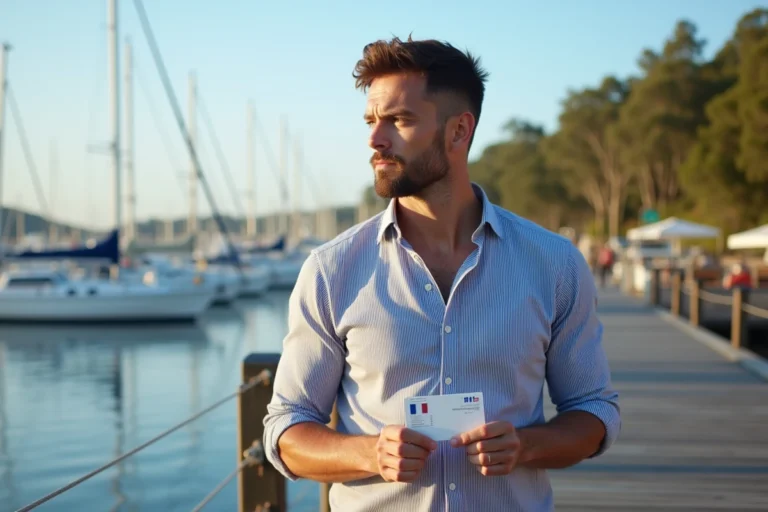 Homme francais tenant sa licence bateau sur un quai australien