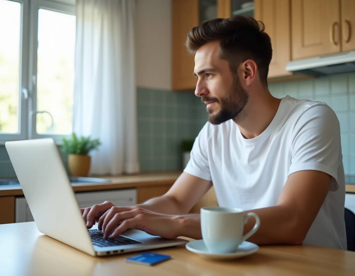 Homme gérant son compte La Banque Postale sur ordinateur portable pour modifier le plafond de virement en ligne
