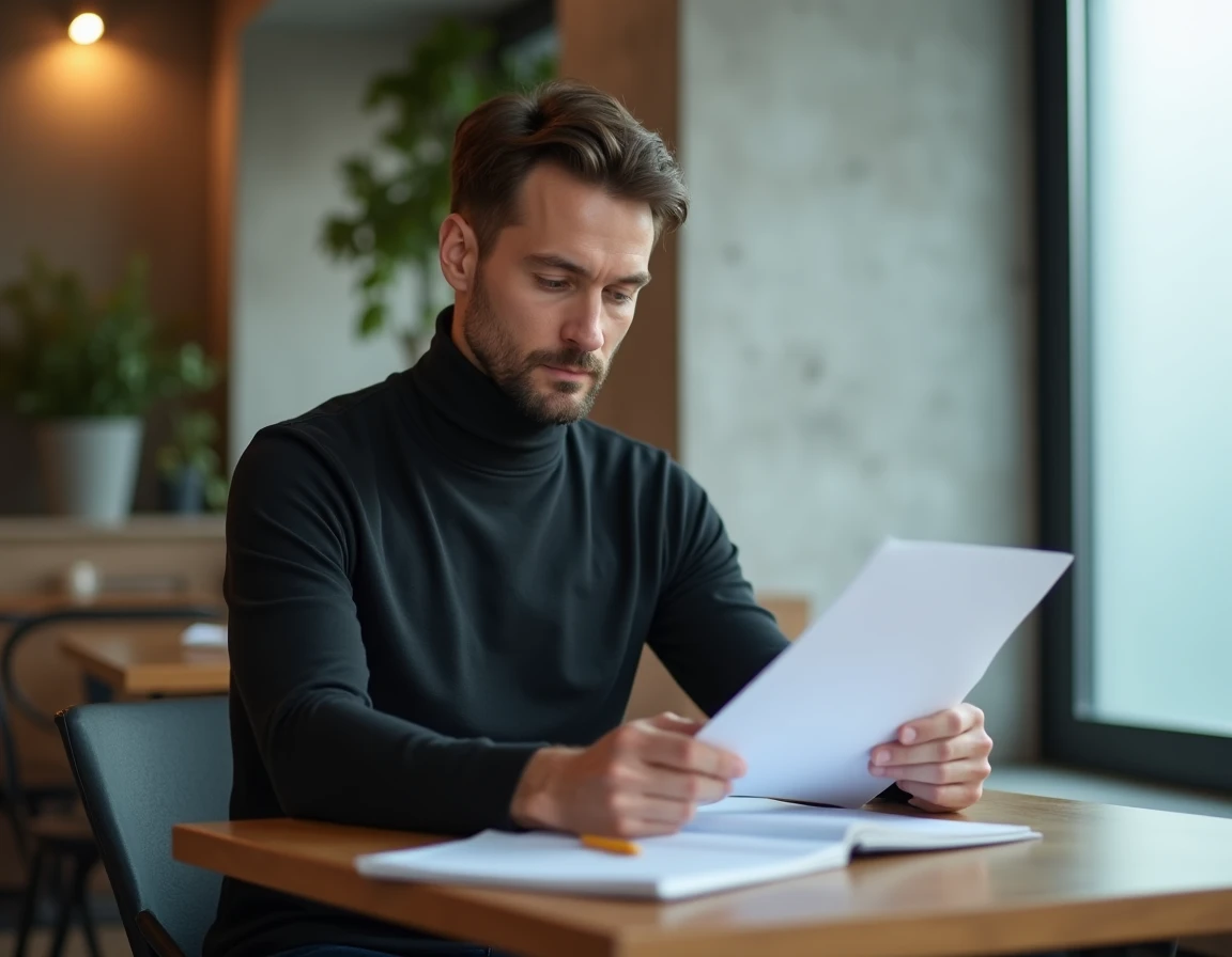Homme influent concentré dans un café moderne minimaliste, portrait journalistique illustrant discrétion et engagement professionnel