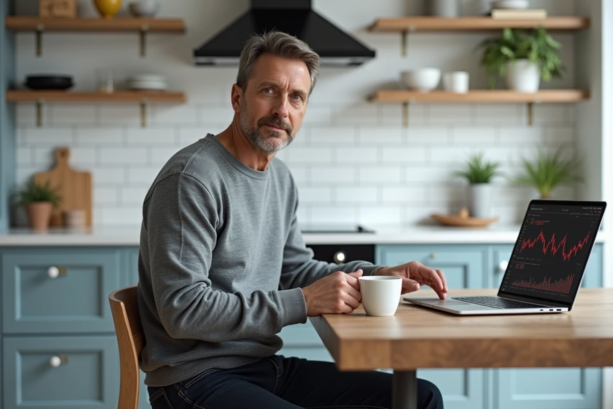 Homme consultant un tableau de bord boursier sur un ordinateur portable dans une cuisine moderne, investissement en ligne pour débutants en 2024