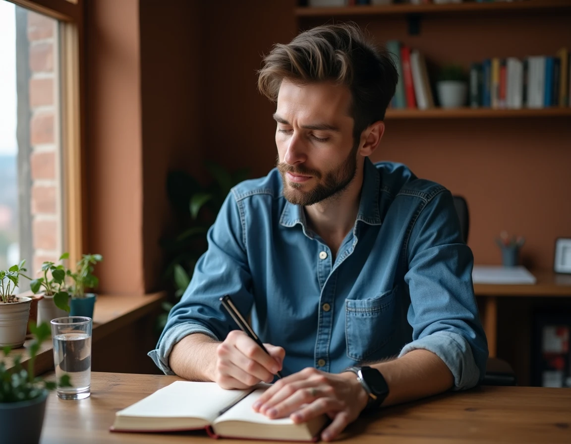 Homme écrivant dans un journal de développement personnel à son bureau, symbolisant les 21 jours de reprogrammation mentale