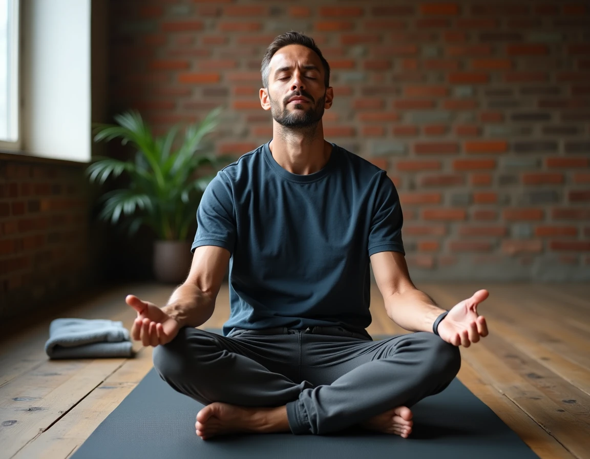 Homme en méditation post-entraînement sur un tapis de yoga dans un studio à domicile, illustrant la transformation mentale apportée par la pratique sportive régulière