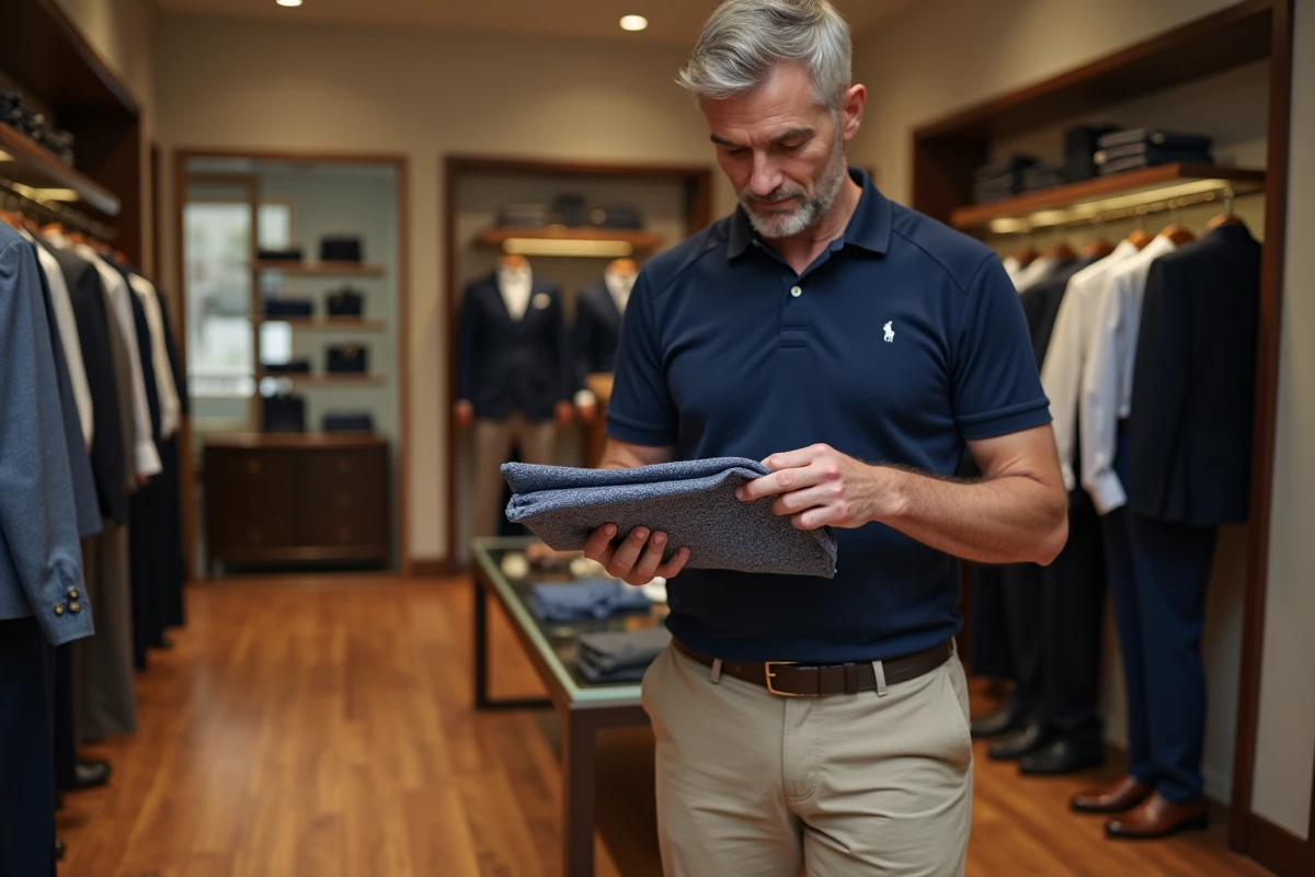 Homme élégant portant un polo brodé dans une boutique de mode haut de gamme, illustrant les marques Polo Club et Ralph Lauren