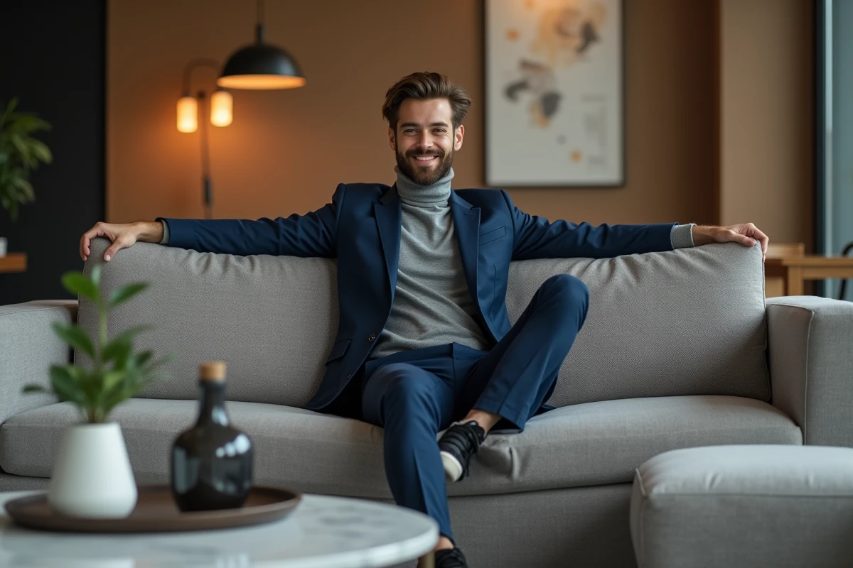 Homme en costume moderne assis dans un salon contemporain