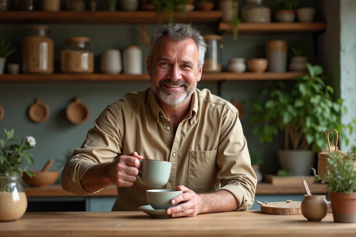 Homme versant du thé aux plantes dans une cuisine écologique