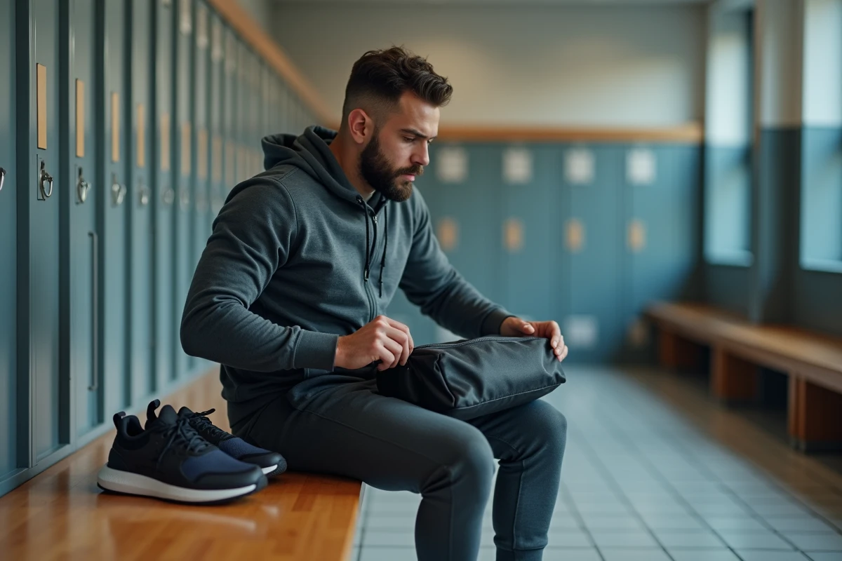 Homme en tenue décontractée zippant son sac de sport dans le vestiaire