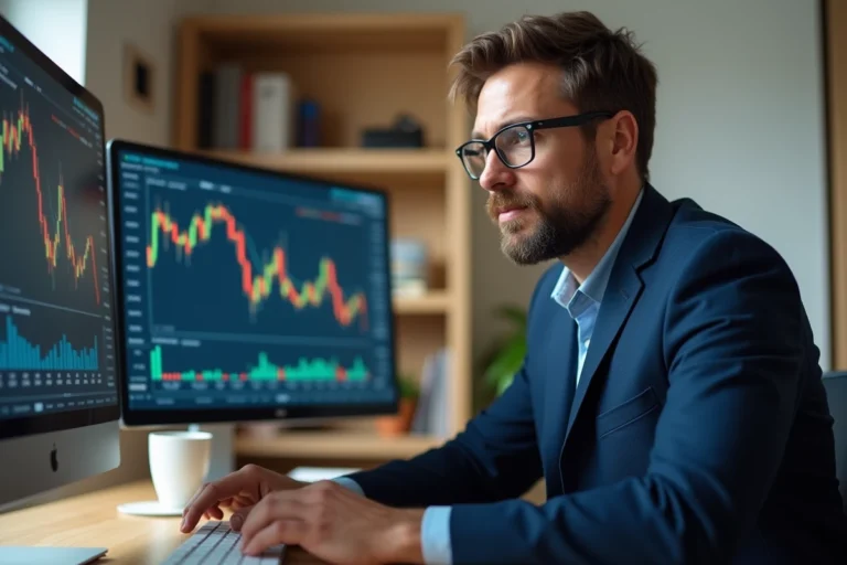 Investisseur analysant des graphiques boursiers sur double écran pour optimiser ses achats programmés sur un actif liquide