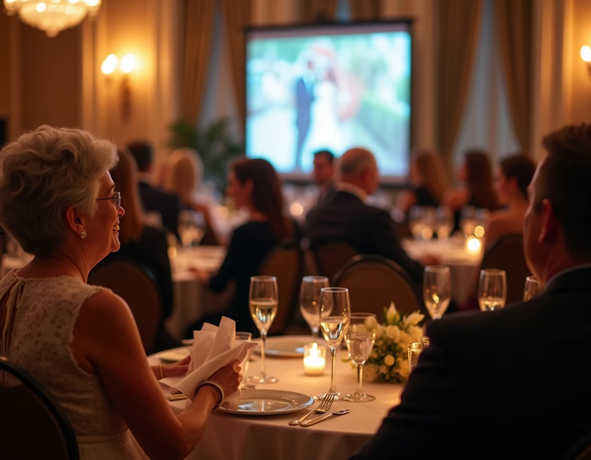 Invités de mariage émus regardant un diaporama lors de la réception