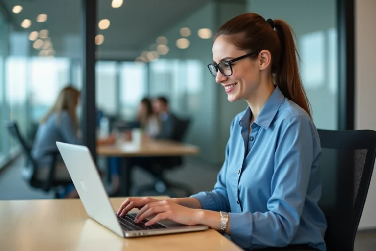 Jeune femme au bureau utilisant un ordinateur portable