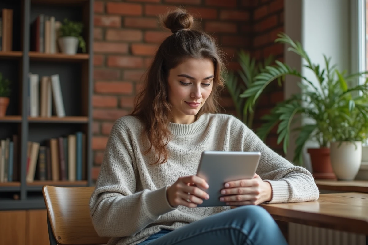 Jeune femme lisant des actualités sur une tablette dans une cuisine chaleureuse
