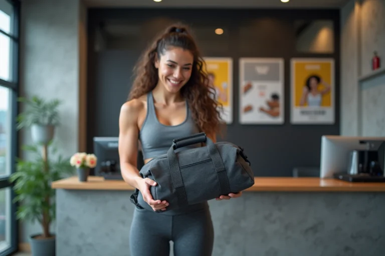 Jeune femme souriante avec sac de sport à la reception