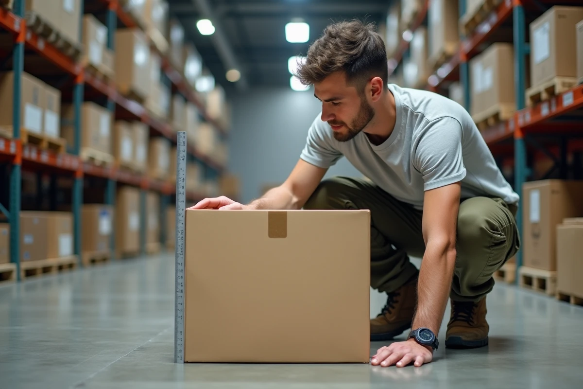 Jeune homme mesurant un grand colis en entrepôt