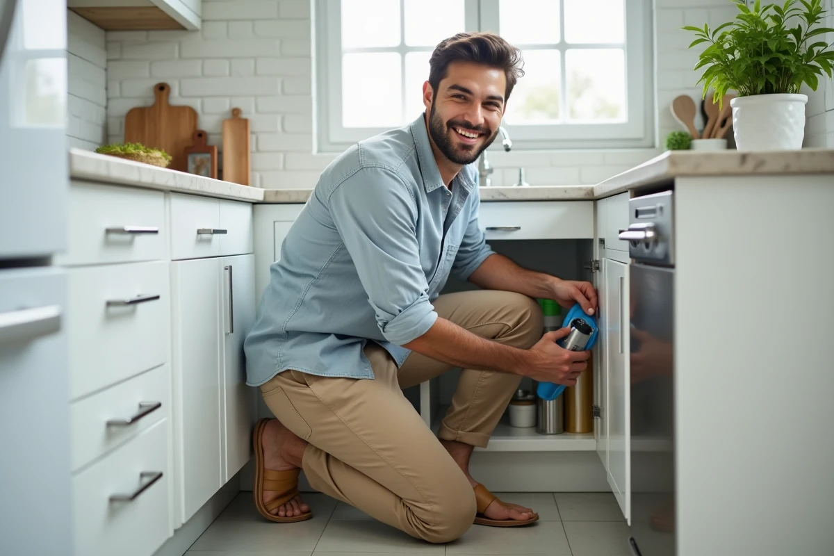 Jeune homme arrangeant des produits sous l