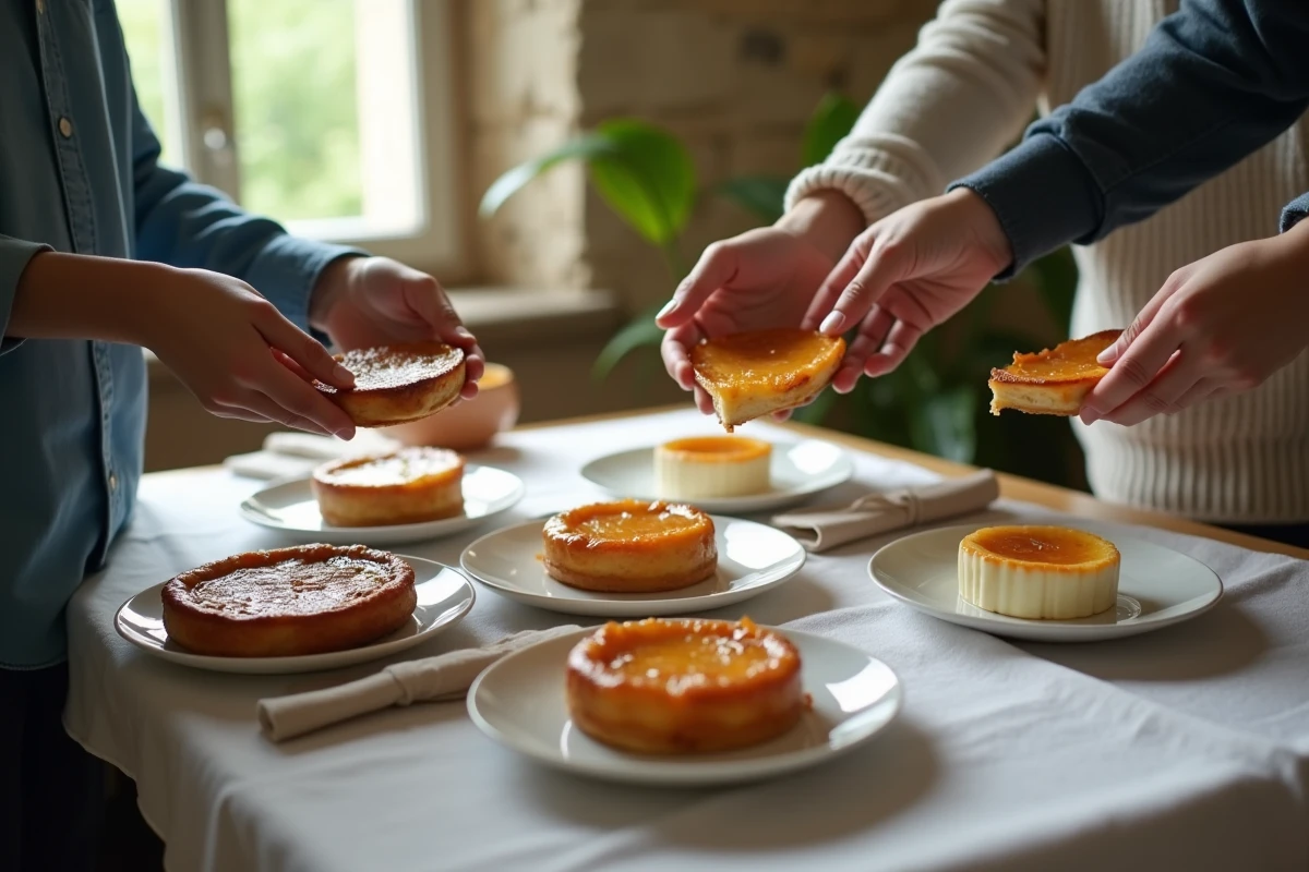Jeunes servant une tarte Tatin et creme brulee dans une salle à manger