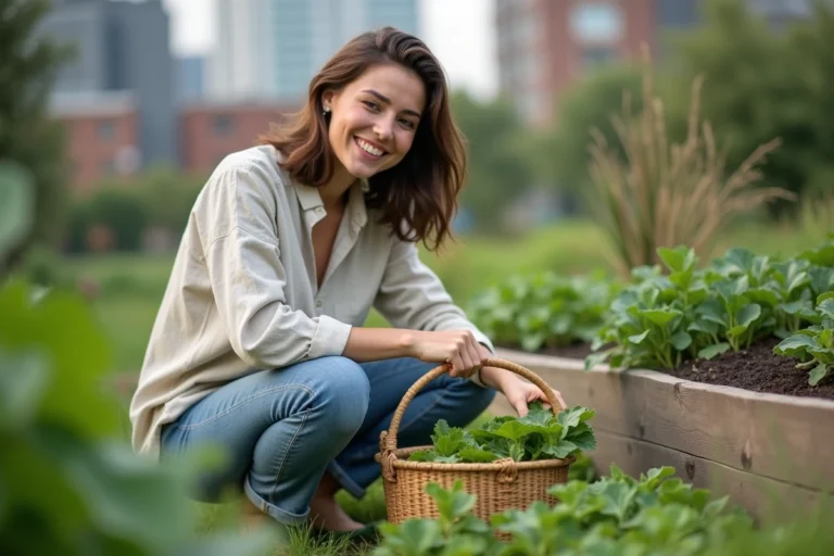 Jeune femme souriante dans un jardin urbain bio
