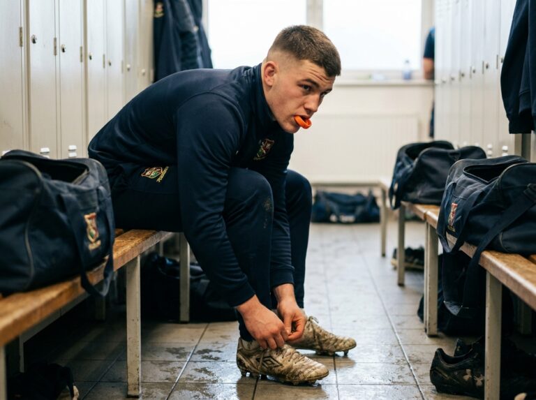 Jeune joueur rugby en préparation dans le vestiaire