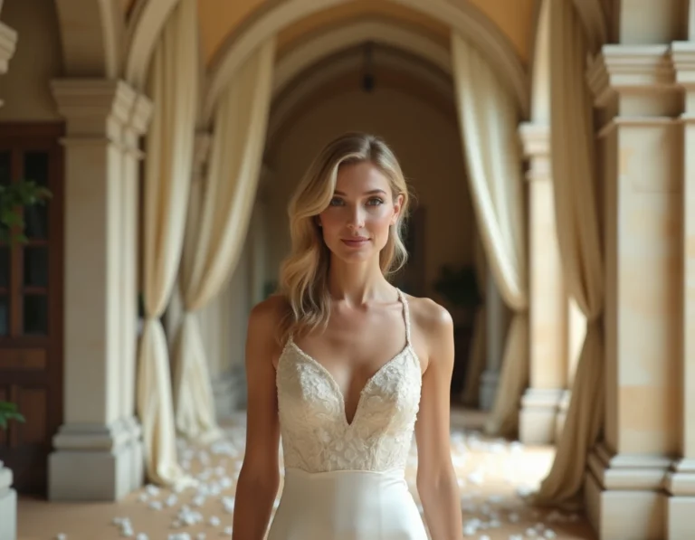Femme élégante en robe de mariée ivoire dans un château français décoré de pétales de roses blanches
