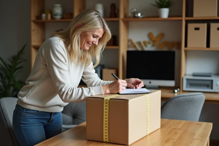 Femme mesurant un colis dans un bureau cosy