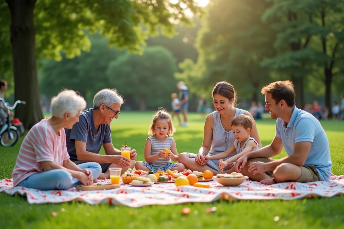 Famille au pique-nique dans un parc ensoleille
