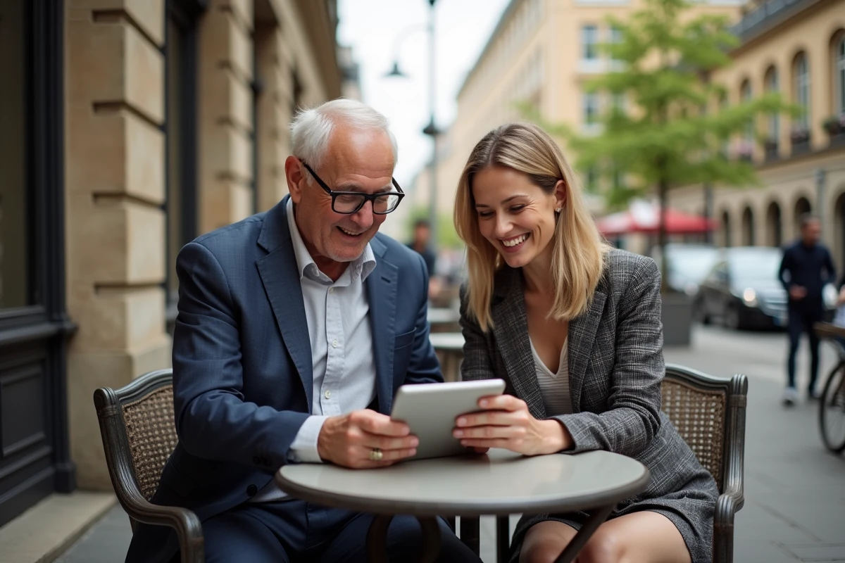Homme âgé et femme jeune souriants au café en extérieur