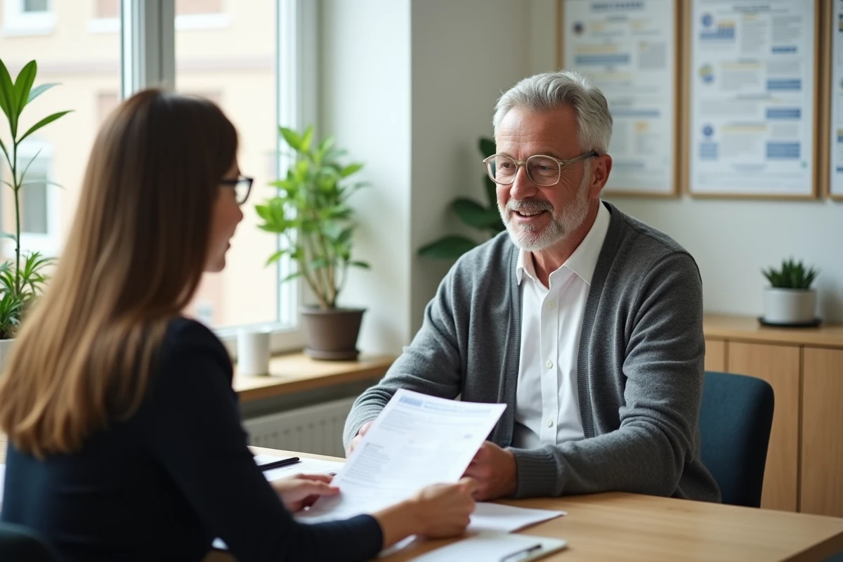 Client discutant de ses garanties mutuelle avec un conseiller Ociane Matmut en agence lors d'un rendez-vous personnalisé