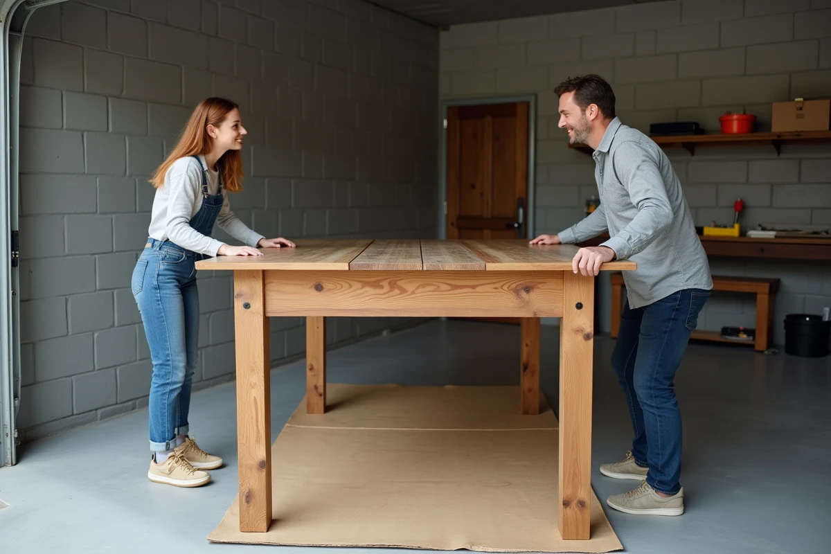 Deux personnes collaborant pour retourner une grande table de ferme dans un garage, technique à deux mains