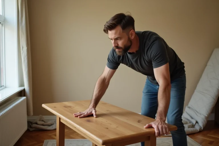 Homme retournant une lourde table en chêne massif dans un salon, technique de basculement sécurisé
