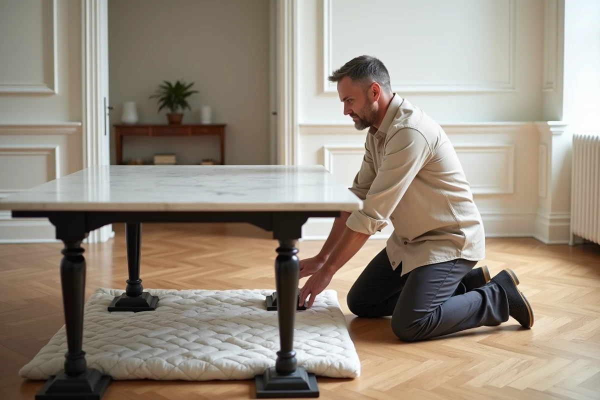 Homme utilisant des patins de déménagement pour retourner une table à plateau en marbre en toute sécurité