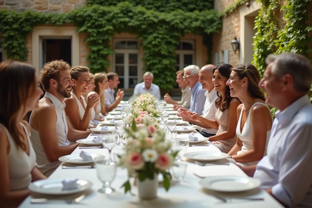 Groupe d invités lors d un repas en plein air au château