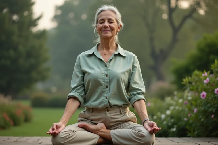 Femme senior pratiquant le yoga en plein air sur une terrasse en bois entourée d'un jardin verdoyant