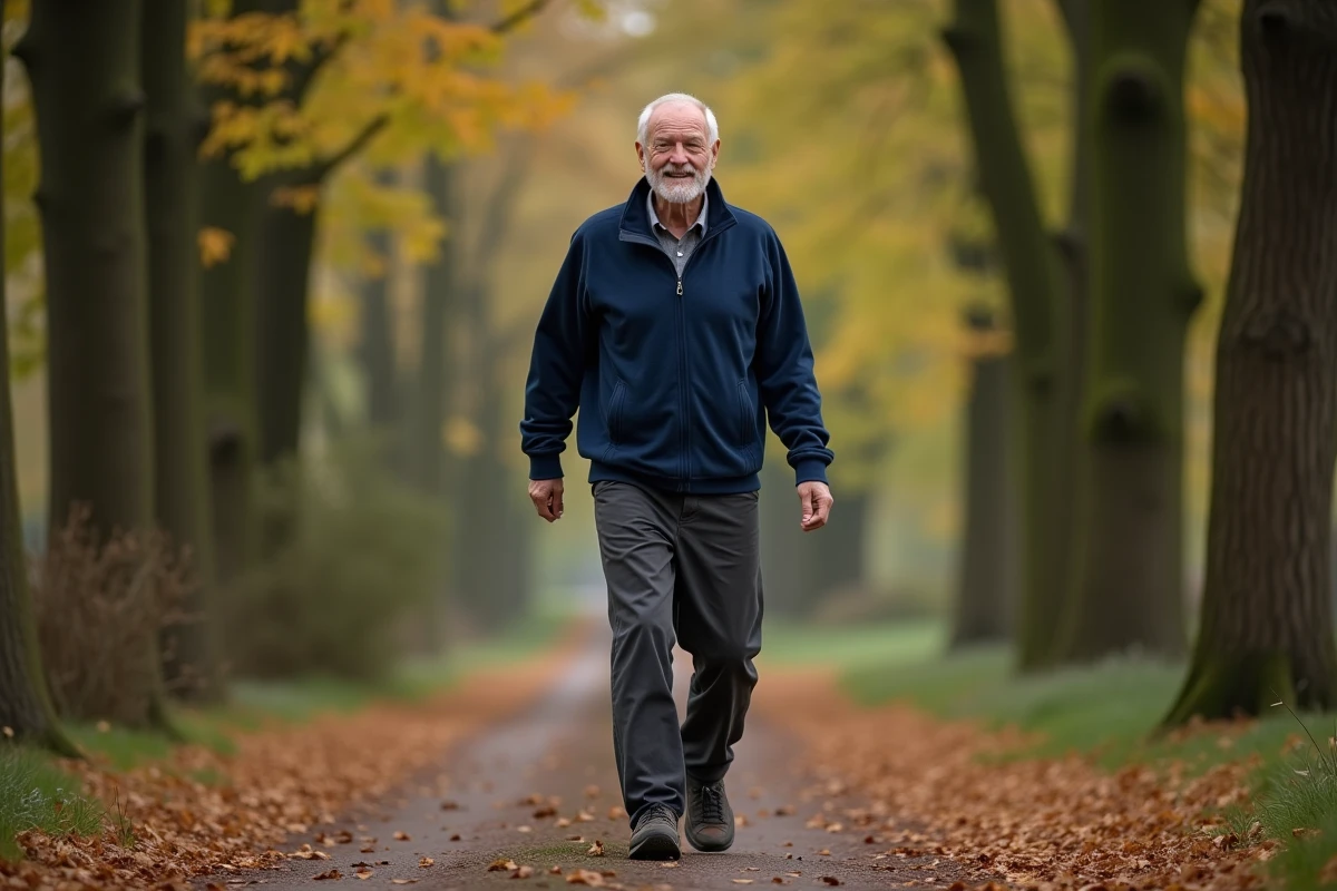 Homme senior marchant sur un sentier forestier en automne pour prendre soin de sa santé