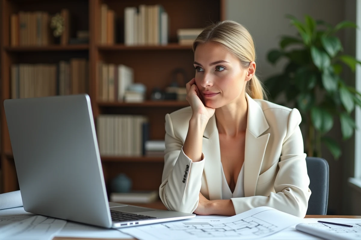 Femme experte en rénovation immobilière assise à un bureau moderne avec plans et échantillons de matériaux
