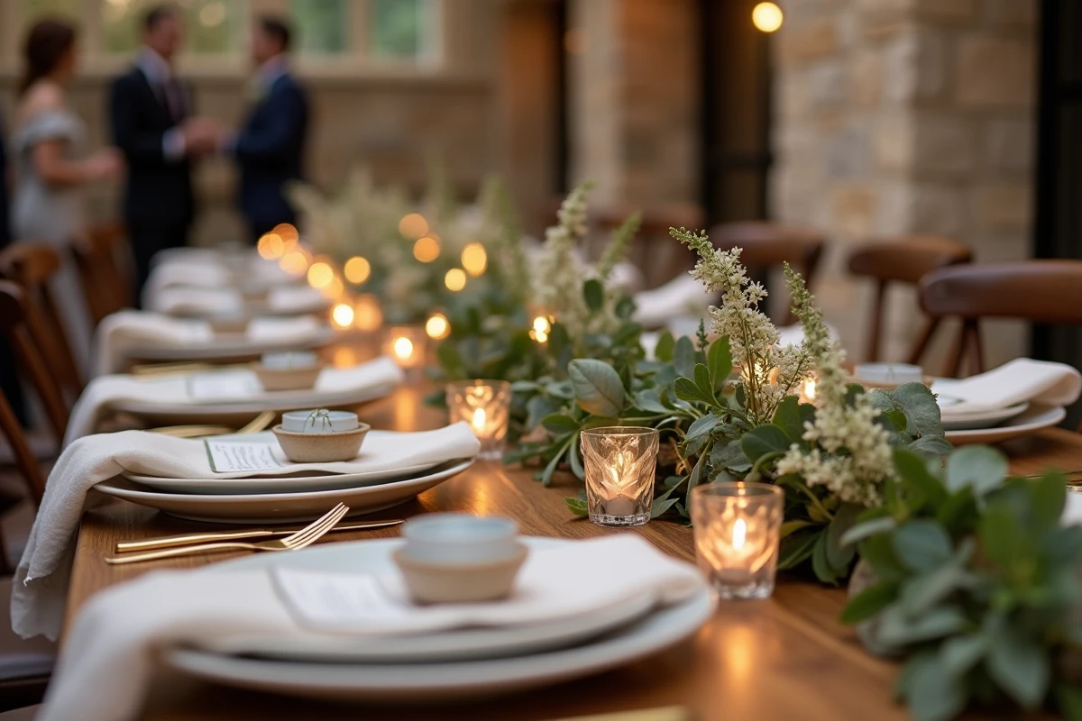 Table de mariage élégamment décorée vue de dessus