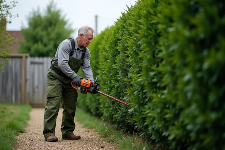 Homme taillant une haie trop large avec une taille-haie thermique dans un jardin suburbain