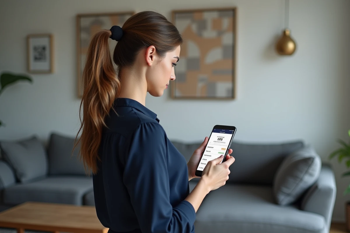 Femme consultant les tarifs d'abonnement Real Debrid sur son smartphone dans un salon moderne, comparant les différentes offres et prix disponibles