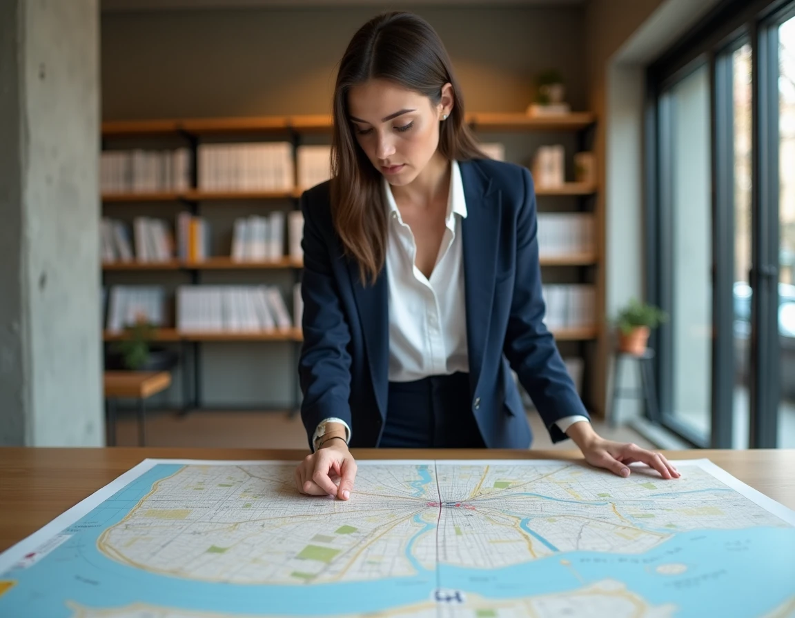Urbaniste comparant les cartes de Paris et Londres sur une table dans un bureau de planification urbaine moderne