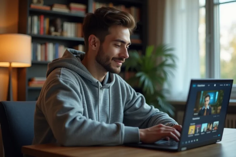 Homme naviguant sur un service de streaming en ligne depuis son bureau à domicile, illustrant l'utilisation de Real Debrid pour accéder à du contenu premium