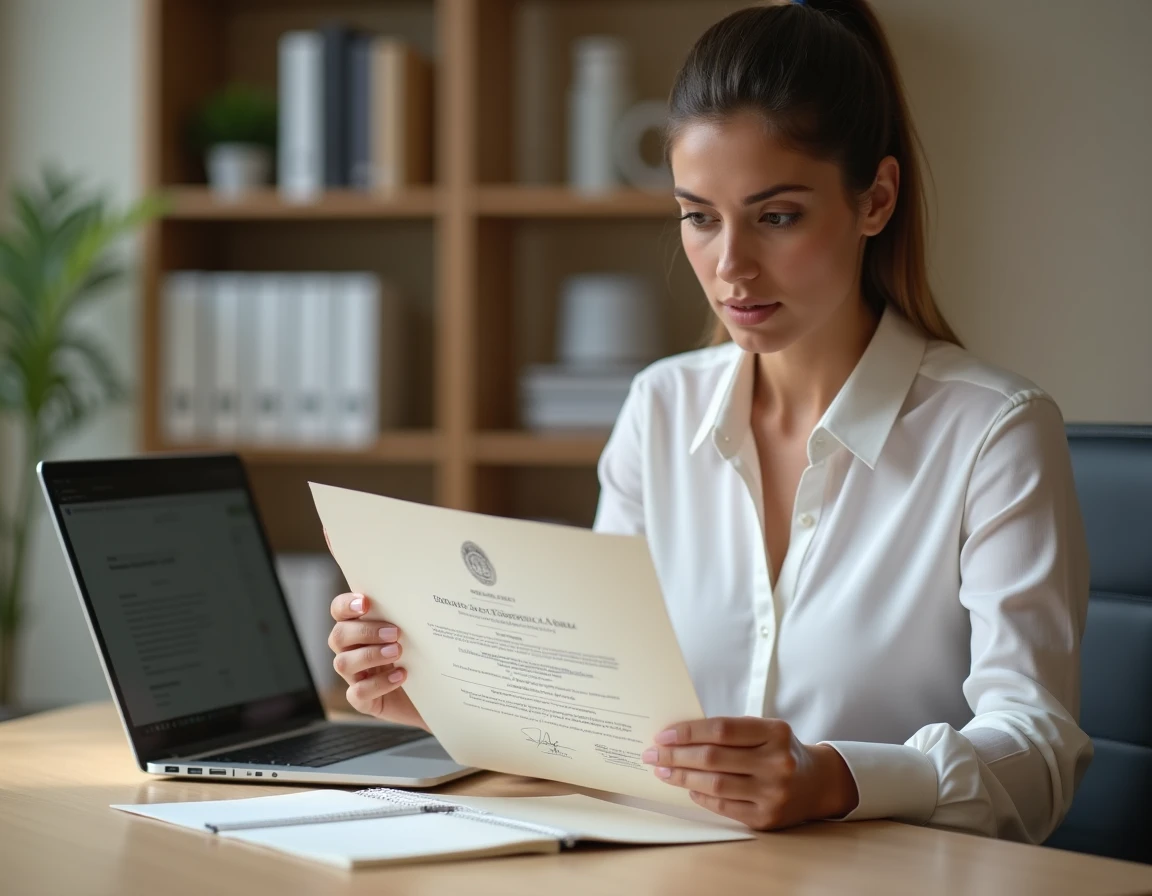 Femme vérifiant l'authenticité d'un diplôme RNCP sur un bureau professionnel