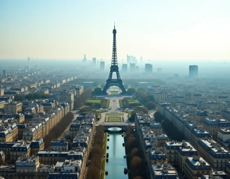Vue aérienne panoramique de Paris avec la Tour Eiffel et les toits haussmanniens s'étendant à l'horizon